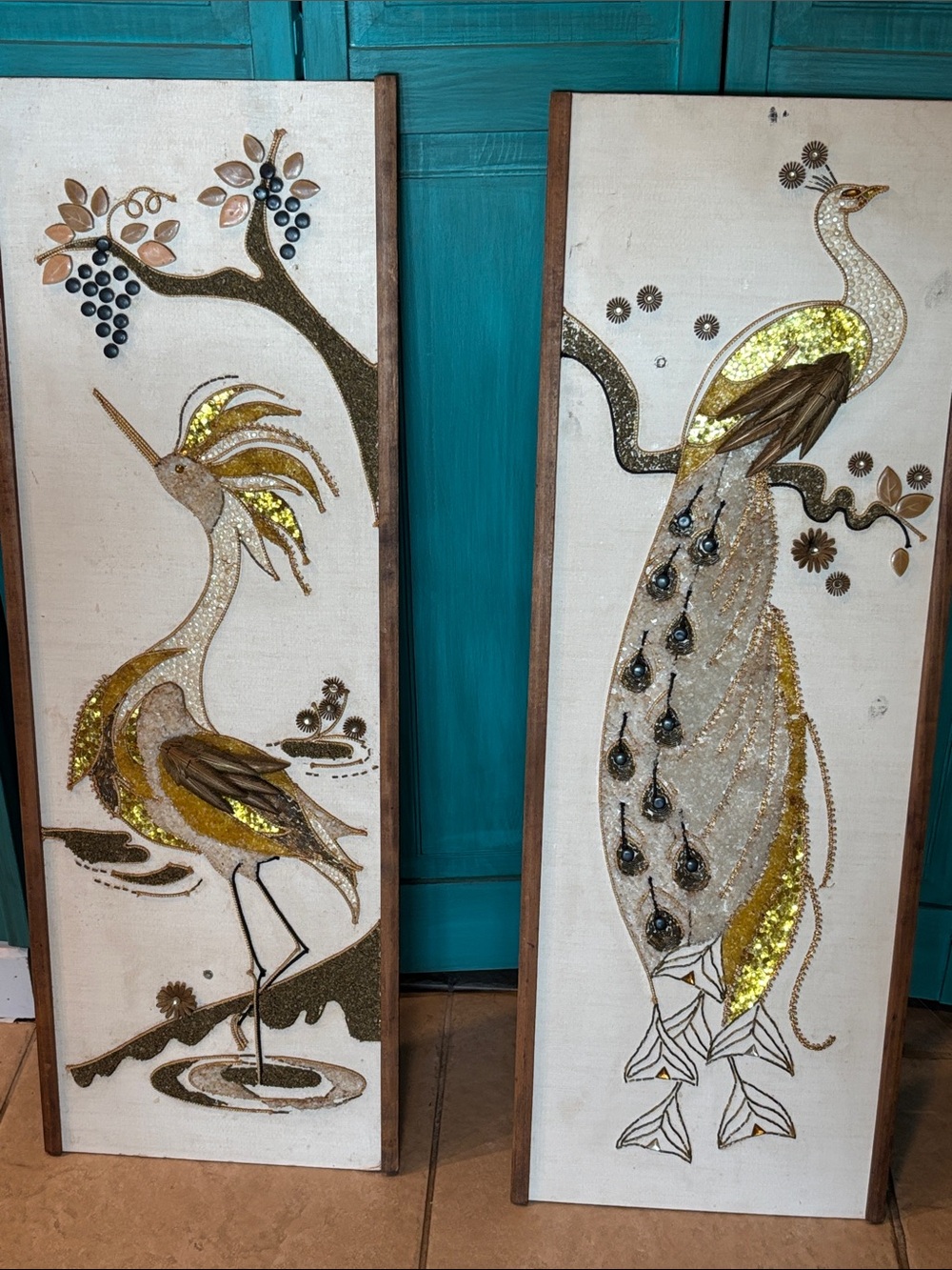 MCM Gold & White Peacock and Crane Wall Art Pair